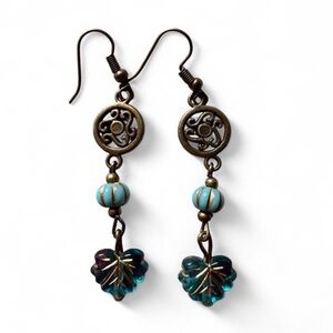 Artisan Handmade Bronze & Turquoise Leaf Drop Earrings - Botanical Boho